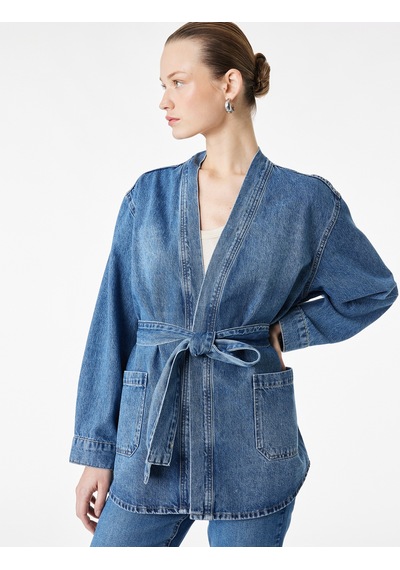 Koton Regular Fit Cepli Uzun Kollu Kemerli Denim Ceket Orta İndigo 6sal60006md