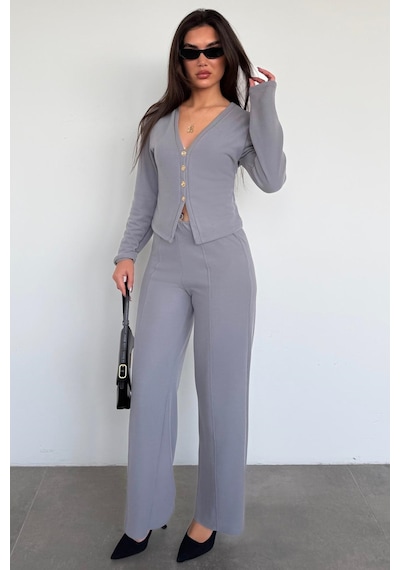 Madmext Füme Düğmeli Yumuşak Dokunuşlu İkili Hırka Pantolon Takım Mg2651 Füme
