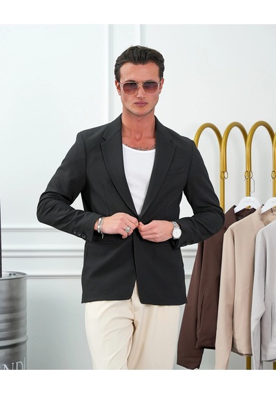Modefendi Özel Seri %100 Gofre Kumaş İtalyan Kesim Modern Fit Ceket Siyah