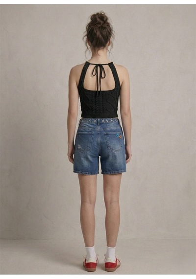 Neden Tekstil Kadın Triko Örme Halter Yaka Crop Bluz - Siyah