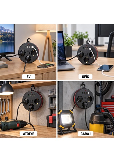 Akım Korumalı Makaralı Priz 2 Metre Kablo 3x Usb Çıkışı 1x Typ-c 3x Priz Açma Kapama Düğmesi 100-250v Ev Ofis