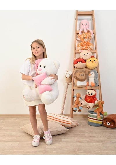 Pufu Toys Pelüş Uyku Arkadaşım Ayıcık 60 Cm Beyaz Pembe 03007 Krem