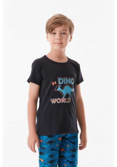 Fullamoda Dinozor Baskılı Bisiklet Yaka Erkek Çocuk Pijama Takımı 24mıcg631212226-mavi 24MICG631212226-Mavi