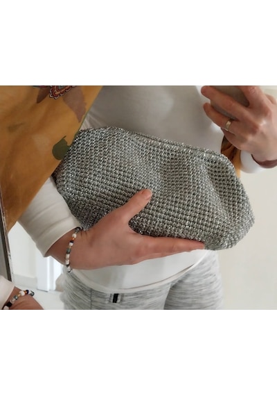 Kemzey Handmade Parlak Tutmalı El Çantaları , El Yapımı Işıltılı Clutch, Örgü El Çantası Açık Gri