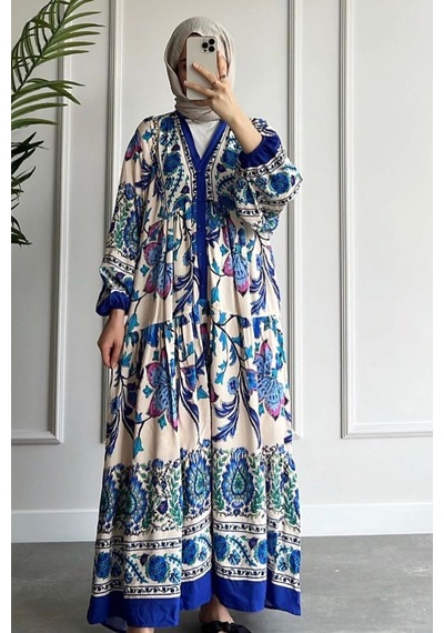 Ladies First Büyük Beden Doğal Kumaştan 9017-d03 Desenli Pamuk Elbise 001
