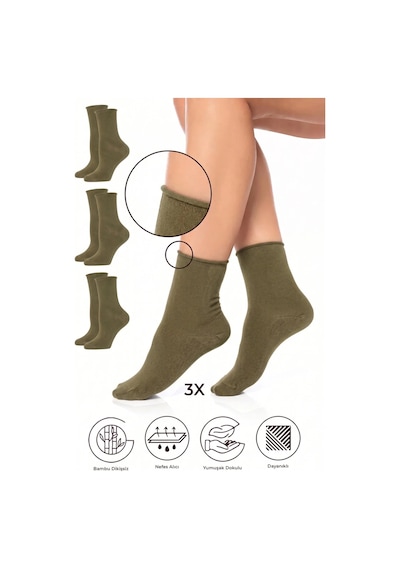 Saysez Bambu Kadın Lastiksiz Haki Soket Dikişsiz Premium Çorap 3'lü Paket / İz Bırakmaz / Sıkmayan Çorap