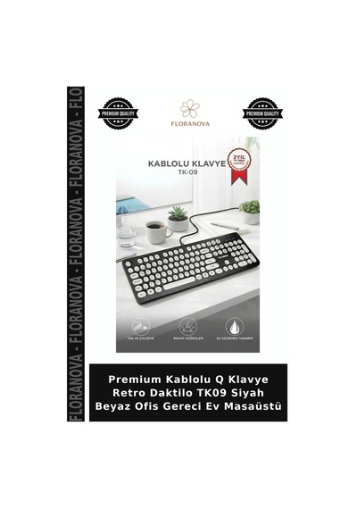 Premium Kablolu Q Klavye Retro Daktilo Tk09 Siyah Beyaz Ofis Gereci Ev Masaüstü