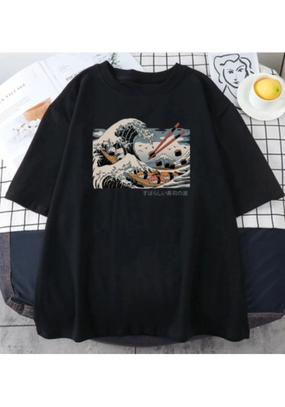Startmore Unisex Siyah Japon Dalga Baskılı Oversize Bisiklet Yaka T-shirt Siyah