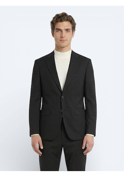 Siyah Düz Modern Fit Yün Karışımlı Takım Elbise Siyah