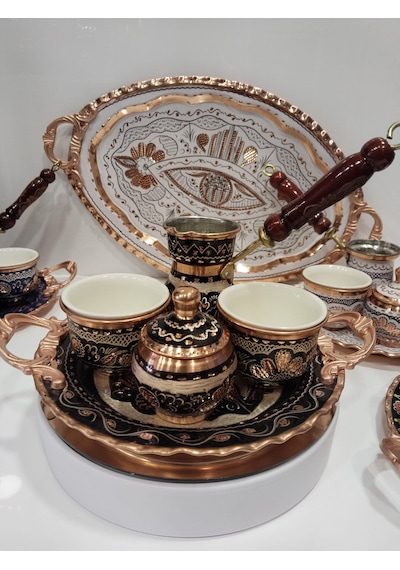 İşlemeli Bakır Fincan Takımı- İki Bakır Kahve Fincan Takımı Siyah