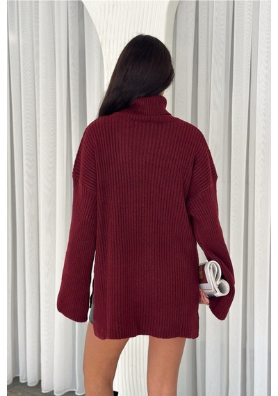 Femelle Kadın Bordo Standart Beden Basic Boğazlı Oversize Triko Kazak