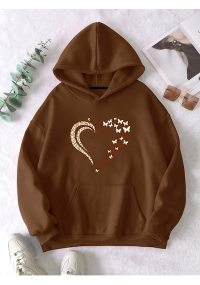 Uyguntarz Unisex Leopar Kalp Desenli Baskılı Oversize Sweatshirt Kahverengi