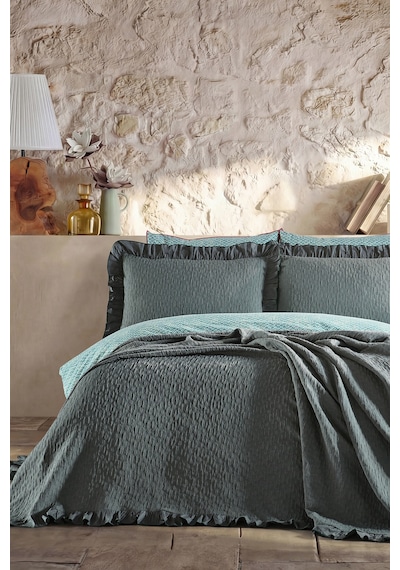 Doqu Home Leris Bouquet Fırfırlı Yatak Örtüsü Çift Kişilik Taş Ekru