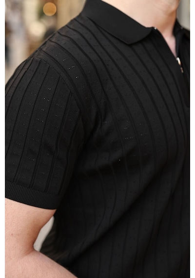 Siyah Polo Yaka Slim Fit Triko Erkek Tişört E7465 Siyah