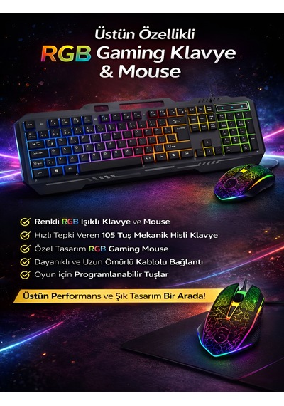 Mekanik Rgb Oyuncu Klavye Mouse Seti 105 Tuş Led Işıklı Kablolu Gaming Klavye Siyah Diğer