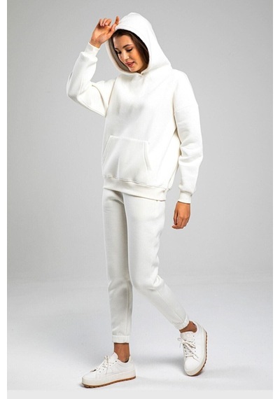 Düz Basic Eşofman Takımı Sweatshirt Jogger - Beyaz Oversize Şardonlu Kapüşonlu Beyaz