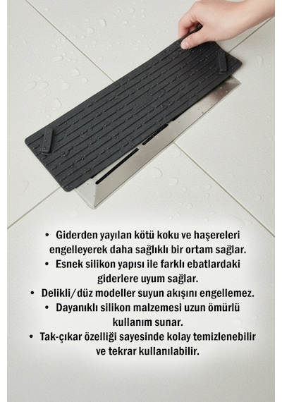 Siyah Uzun Silikon Kötü Koku Önleyici Mat Gider Kapağı Tıpası – Banyo, Mutfak ve Balkon Lavabo Gider 37x11 cm