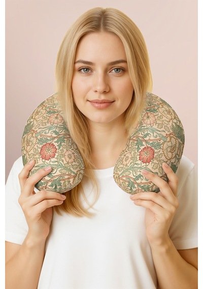 Vintage Çiçek Desenli Ergonomik Boyun Yastığı - Klasik Sanat Stili Yeşil Krem Seyahat Yastığı Soluk Yosunlu Bal