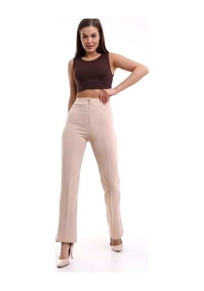 Winmoda34 Kadın Ultra Yüksek Bel Önü Dikişli Palazzo Pantolon Krem