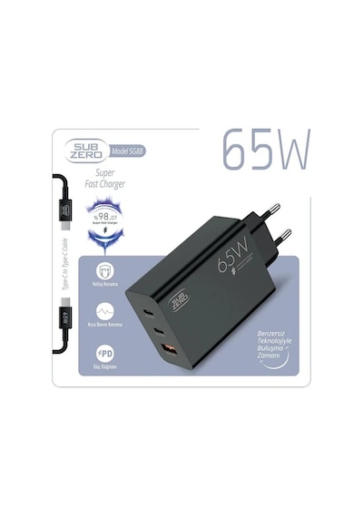 Subzero Honor Magic7 Lite Uyumlu 3 Girişli Usb+pd+pd 65w Süper Fast Type-c Şarj Aleti + Kablo