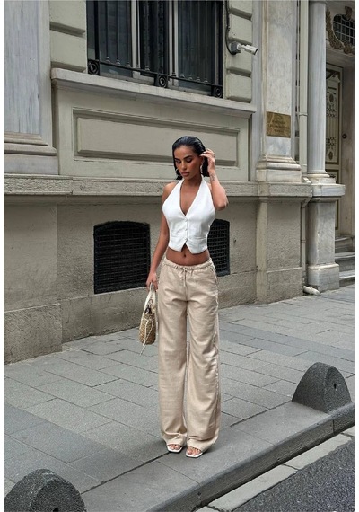 HLT Jeans Kadın Krem Baggy Beli Lastikli Keten Görünümlü %100 Pamuk Pantolon Emily-3018