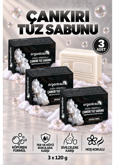 Organicsun Çankırı Tuz Sabunu 120 Gr X 3 Adet Köpüren Formül - Zengin Doğal Mineralli Kaya Tuzu Sabunu