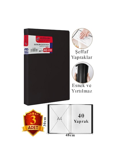 Siyah Sunum Dosyası 40 Lı 3 Adet Poşet Dosyalı Katalog Dosyası 40 Poşetli Kendinden Dosya Plastik Kapaklı