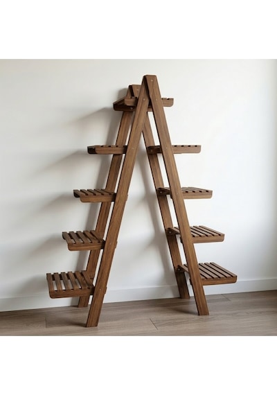 Wooddecor 5 Katlı Ahşap Merdiven Çiçeklik - 120x100 Cm Geniş Raf Standı Kahverengi