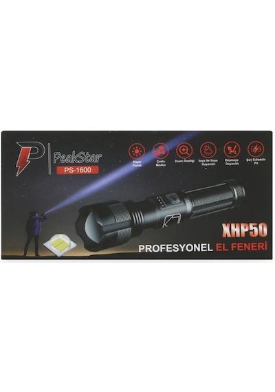 PeakStar Ps-1600 Süper Parlak Led Zoomlu 5 Mod Su Geçirmez Profesyonel Kamp Bekçi Avcı Feneri Siyah