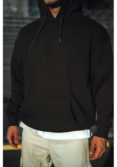 Veraura Lifestyle Üç İplik Penye Kapşonlu Basic Sweatshirt - Siyah