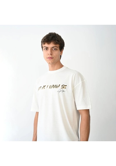 Erkek Baskılı T-shirt Kısa Kol Bisiklet Yaka Regular Fit Rahat Kalıp Günlük Tişört- Beyaz Beyaz