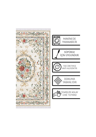 Vintage Gül Desenli Krem Fransız Klasik Şık Salon Oturma Odası Yıkanabilir Kaymaz Taban Kilim Krem Krem