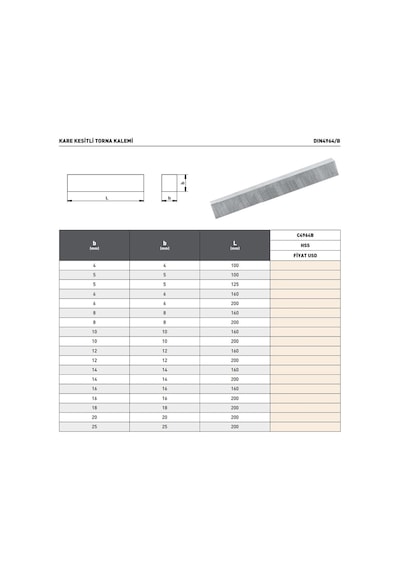 Fett 6x6x160mm Pld Dın4964b Hss Kare Kesitli Torna Kalemi