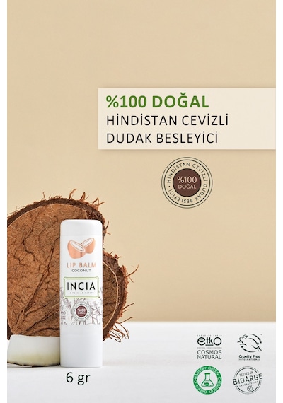 INCIA %100 Doğal Dudak Besleyici Hindistan Cevizi Bitkisel Nemlendirici Dudak Bakım Kremi 6 G