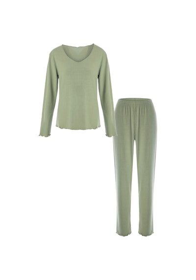 Kadın Yumuşak Dokulu Fitilli Süs Dikişli Soft Touch Pijama Takımı Kk70635 Yeşil