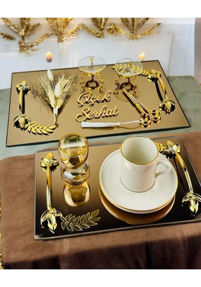 Cherish Gold Aynalı Nişan Tepsisi Ve Söz Tepsisi Mavi Mavi