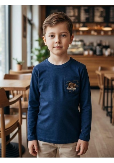Zekids Erkek Çocuk Pamuklu Baskılı İnce Uzun Kollu T-shirt-16401 Lacivert