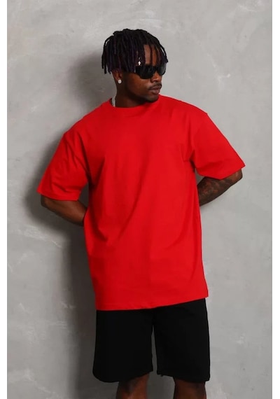 Yake Store Unisex Oversize Düz Bisiklet Yaka T-shirt - Kırmızı - Kırmızı
