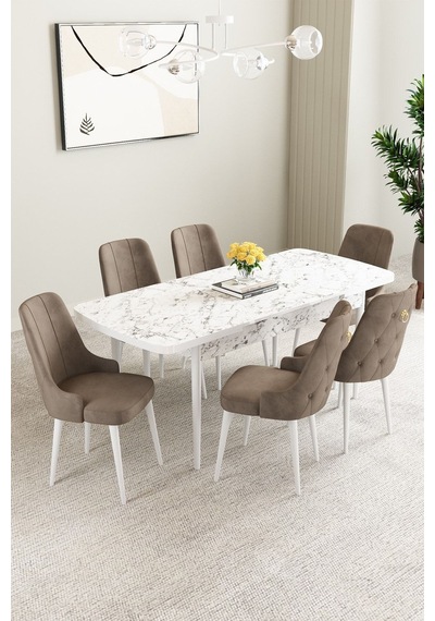 Clara Beyaz Mermer Desen 80x132 Açılabilir Mdf Masa Yemek Odası Takımı,mutfak Takımı 6 Adet Sandalye Cappucino Clara Beyaz Mermer Desen 80x132 Açılabilir Mdf Masa Yemek Odası Takımı,mutfak Takımı 6 Adet Sandalye Cappucino