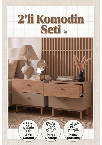 Robin Home 2'li Komodin Set 2 Çekmeceli Ahşap Ayaklı Kumsal-sepet
