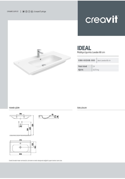 Creavit İdeal ID080.02 Beyaz 80 CM Dolap Uyumlu Etajerli Lavabo