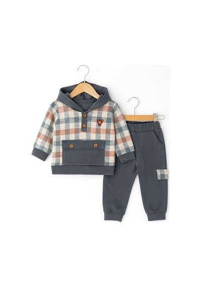 For My Baby Kapüşonlu Ekose Detaylı Bebek Takımı Füme