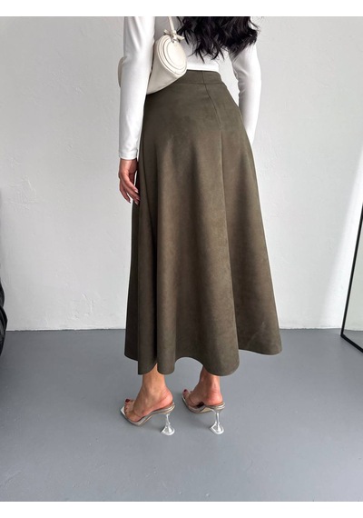 Ozy Fashion Kadın Süet Kloş Etek Haki