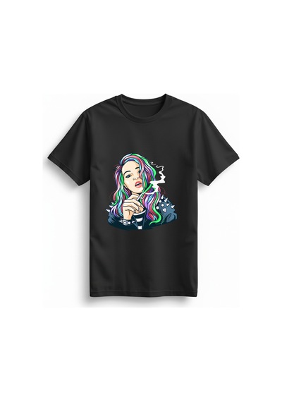 Paybuy Gökkuşak Saçlı Punk Kadın Baskılı Kadın Tişört Siyah