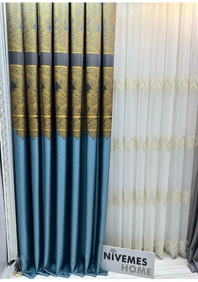 Nivemeshome Milas Turkuaz-gold 671539 1/3 Sık Pileli Fon Perde Apm Turkuaz-gold