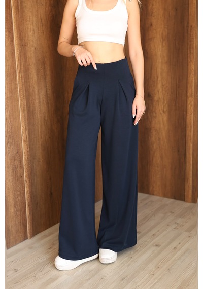 Ozy Fashion Kadın Modal Kumaş Yüksek Bel Pileli Geniş Paça Cepli Eşofman Altı Lacivert