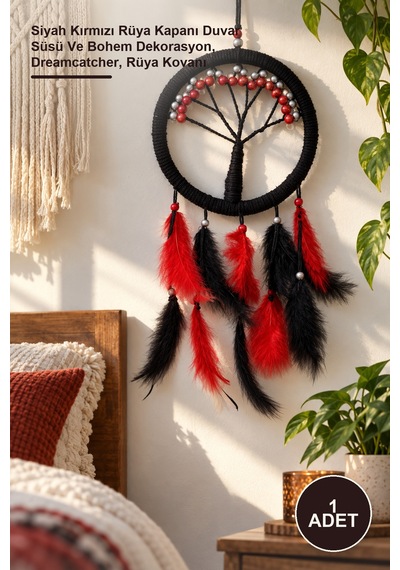 1 Adet Hayat Ağacı Dream Catcher Siyah Kırmızı Rüya Kapanı Duvar Süsü Ve Bohem Dekorasyon, Dreamcatcher, Rüya I