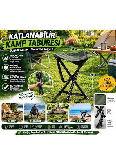 Katlanabilir Kamp Taburesi Çelik Gövdeli Taşınabilir Balıkçı Ve Piknik Taburesi Siyah