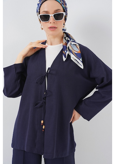 Bigdart Kadın Keten Kimono İkili Takım 6727 - Lacivert