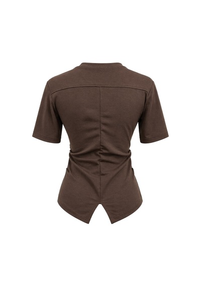 Mixray 2095 Kadın Büzgü Detaylı Arkası Yırtmaçlı Basic T-shirt Kahve Kahverengi
